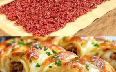 Rulonki z ciasta francuskiego nadziewane mięsem i roztopionym serem.