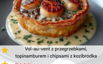 Vol-au-vent z przegrzebkami, topinamburem i chipsami z kozibródka 👥 4 porcjeVol-au-vent z przegrzebkami, topinamburem i chipsami z kozibródka 👥 4 porcje