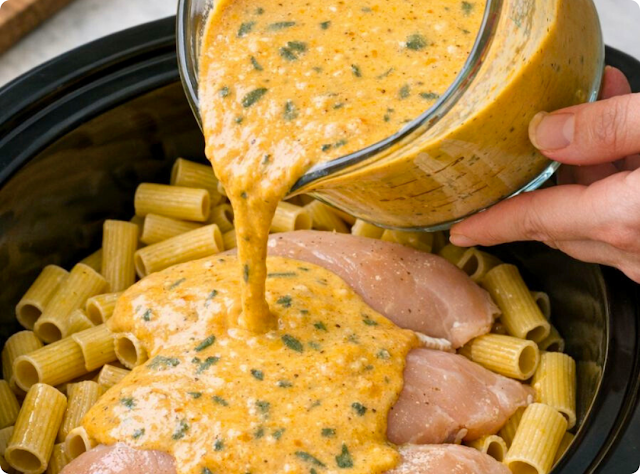 Kremowy makaron rigatoni z kurczakiem i dynią piżmową gotowany w wolnowarze